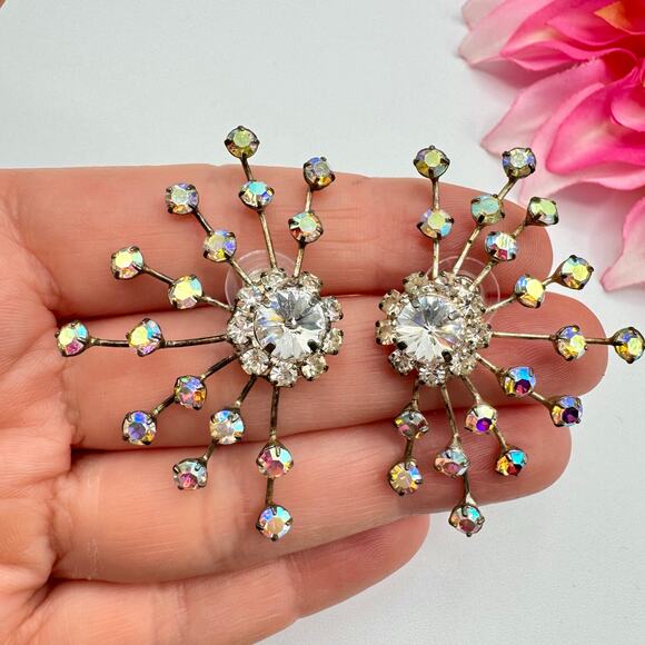 Vintage AB Rhinestone Spray Earrings Mid-Century Atomic Statement Vintage Bride - Picture 7 of 10
